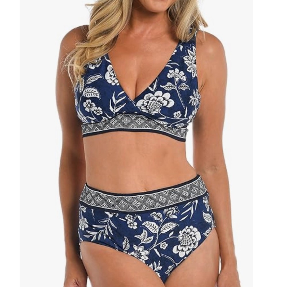 24th & Ocean BIKINI SWIM SUIT Navy Blue Batik Floral HIGH WAIST MODEST 2-PC sz M